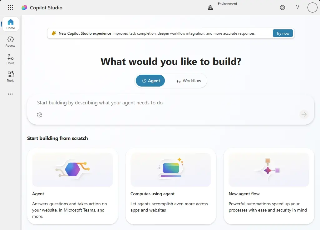 Copilot Studioのホーム画面。作りたいものを文章で説明するだけで、エージェントやワークフローの作成を始められる